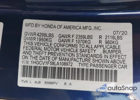 2020 Honda Accord Ex-L from USA, damaged, VIN 1HGCV1F58LA108972